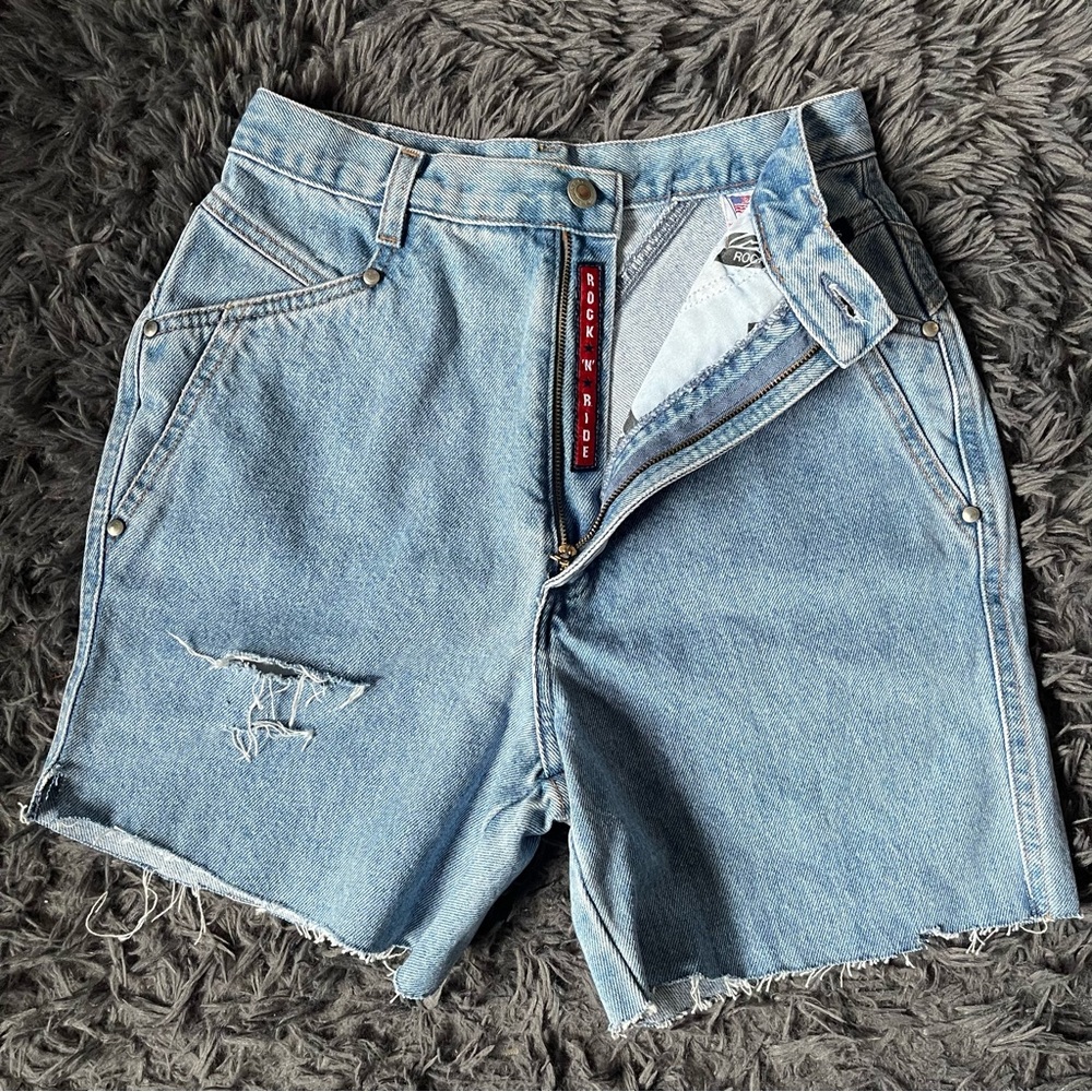 Vintage Rockies Blue Distressed Denim Cutoff Jean Shorts Made in the USA 7/8